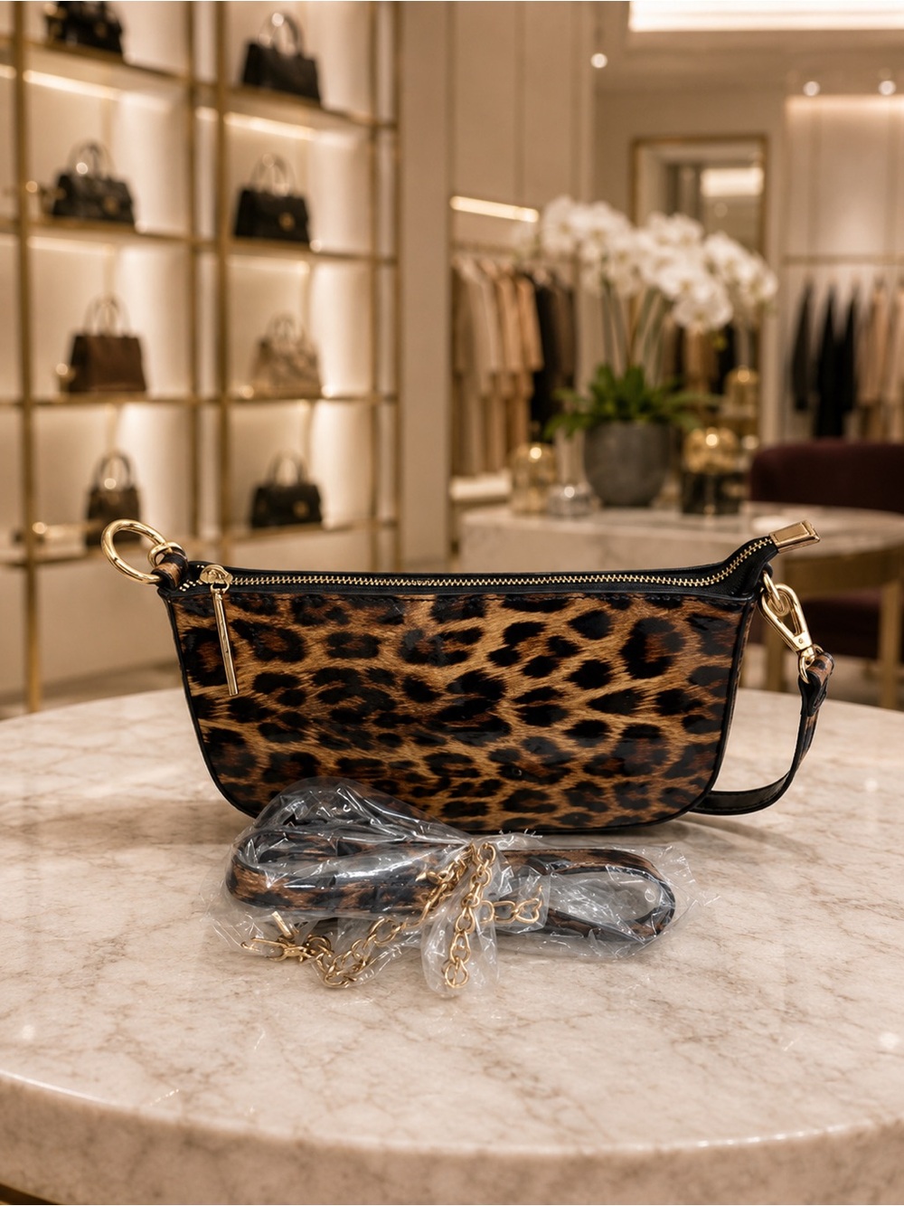 Leopard Print Shoulder Bag - Brown